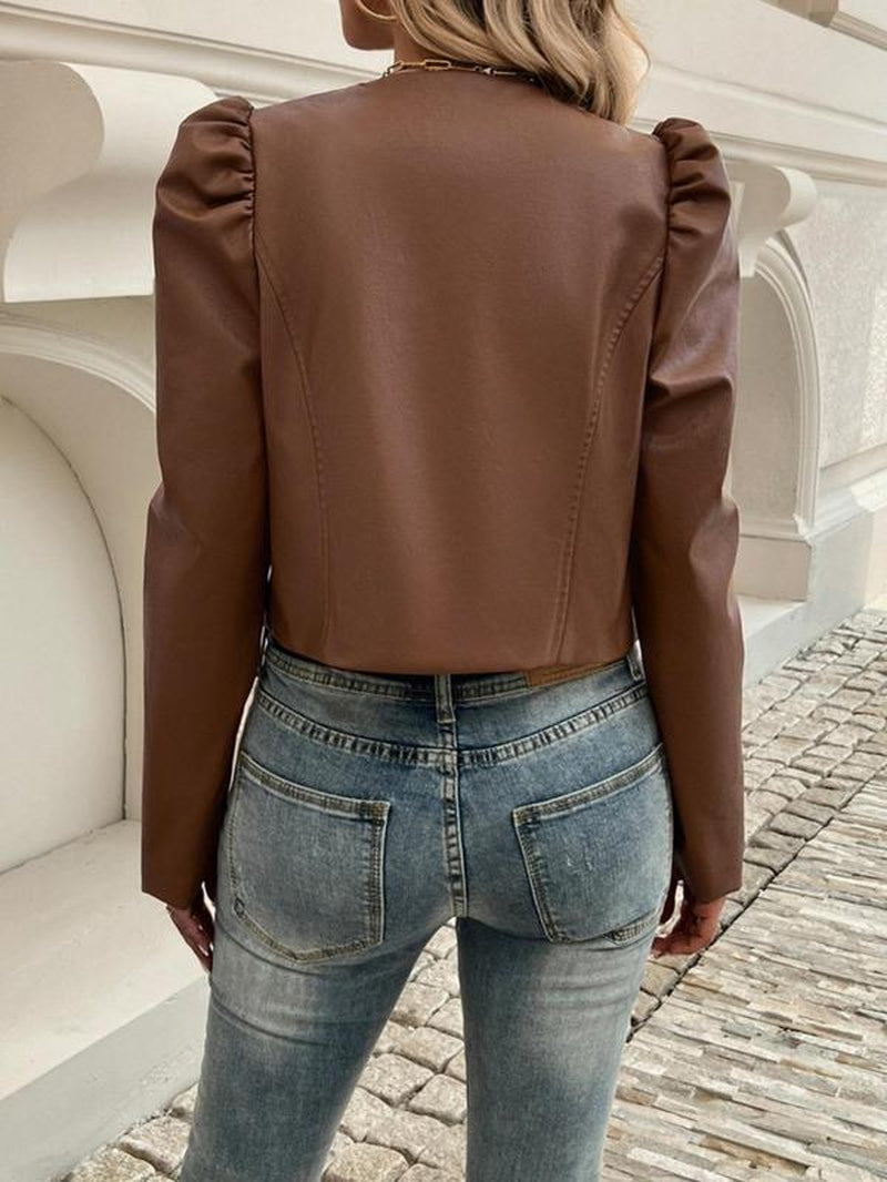 Women'S Solid Puff Sleeve Open Front Jacket, Elegant Fashion Long Sleeve Outerwear for Daily Outdoor Wear, Women Clothing for Fall & Winter
